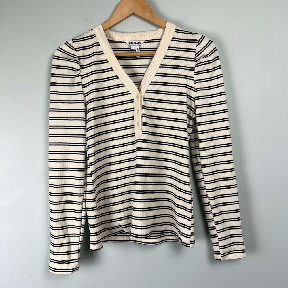DKNY Women Ivory Black Striped Ribbed Henley Puff Shoulder Top M Parisian Preppy